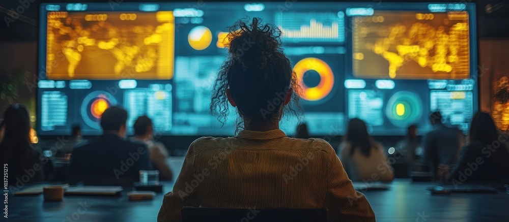 Poster a person observing data visualizations in a high-tech meeting room.