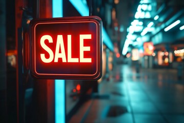 Neon Sale sign on supermarket background. Sale, shopping and business concept. Decor element for poster, card, design 