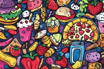 Obraz premium This artwork features an array of playful doodles showcasing delicious foods like pizza, ice cream, and fresh fruits in vivid colors. Generative AI