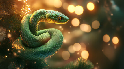 Fototapeta premium A vibrant green snake coiling gracefully among branches with soft glowing lights during twilight