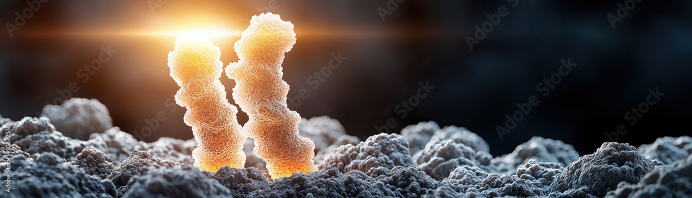 Poster abstract representation of dna structure glowing above clouds.