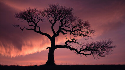 Obraz premium Silhouette of a Tree Against a Vibrant Sunset Sky for Tranquil Visuals