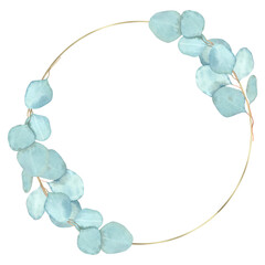 Watercolor gold round frame with blue eucalyptus branches, for design of greeting cards, invitations, scrapbooks.