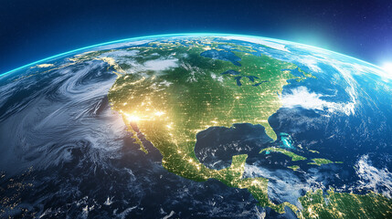 Glowing earth from space north America at night with city lights and celestial wonders 
digital illustration, Ai