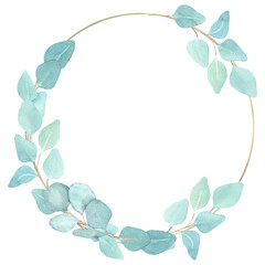 Watercolor gold round frame with blue eucalyptus branches, for design of greeting cards, invitations, scrapbooks.