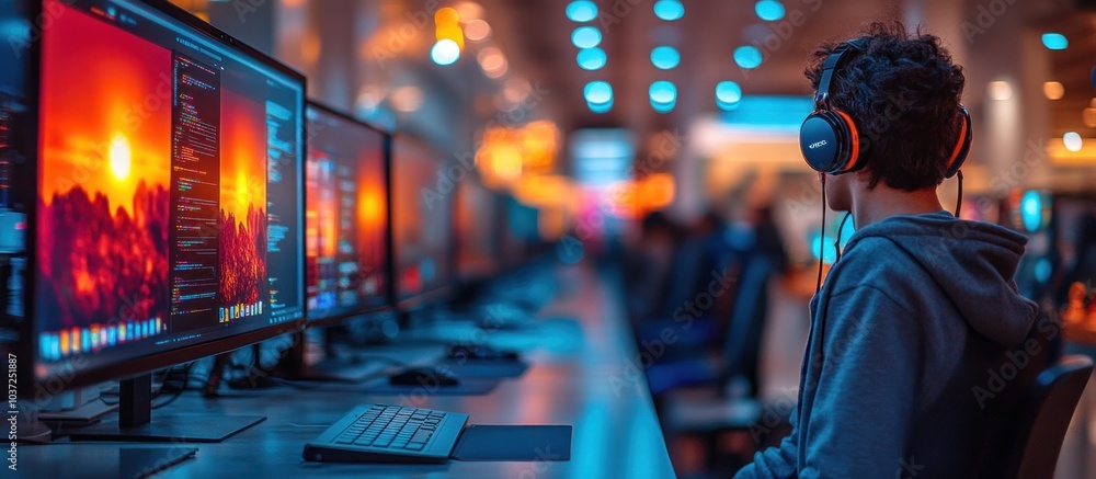 Poster a person with headphones sits at a computer, focused on coding or digital work.
