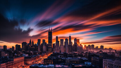 Obraz premium City Skyline Silhouetted Against a Fiery Sunset for Urban Atmosphere