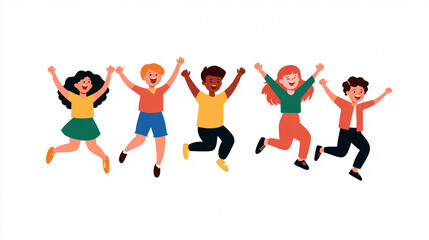 Fototapeta premium Happy children jumping with joy, showcasing diverse appearances and expressions of excitement. Their vibrant clothing adds to cheerful atmosphere