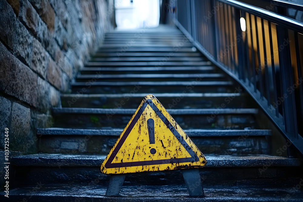 Poster the image captures a yellow caution sign with an exclamation mark positioned at the bottom of a set 