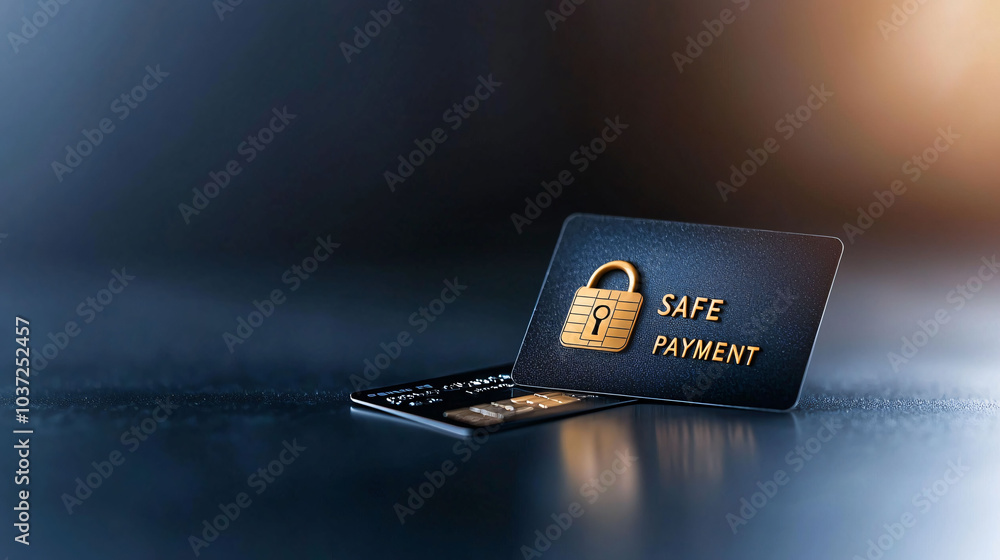 Poster secure online payment concept featuring credit card with lock symbol, emphasizing safety and securit