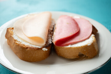 cultural spanish snack meat, cheese and tomato tapas sandwiches