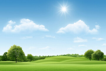 Obraz premium Lush green landscape under a bright blue sky with sunlit clouds in a serene environment