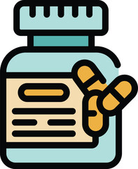 This vector illustration features a medicine bottle with pills spilling out, symbolizing healthcare and medication