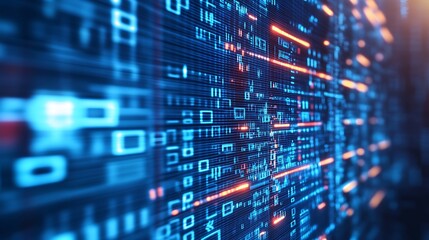 Abstract digital binary code background with glowing lines in blue and orange.