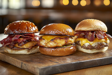 Three juicy tasty hamburgers lie on a wooden table in a bar or cafe.