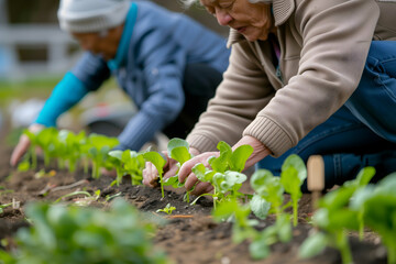 community kitchen garden with high bed. small group of multi ethnic seniors planting a young seedlings in the ground