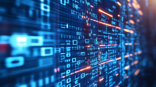 Abstract digital binary code background with glowing lines in blue and orange.
