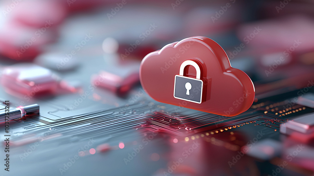 Poster secure cloud storage is represented by red cloud with padlock, symbolizing protection and privacy in