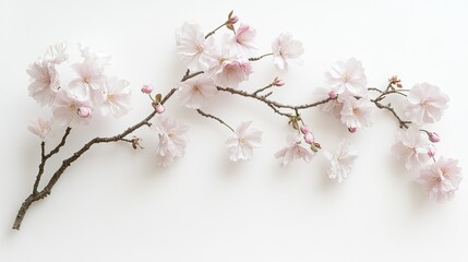 Obraz premium A beautiful cherry blossom branch with soft pink flowers, gently curving across a white background, symbolizing renewal.