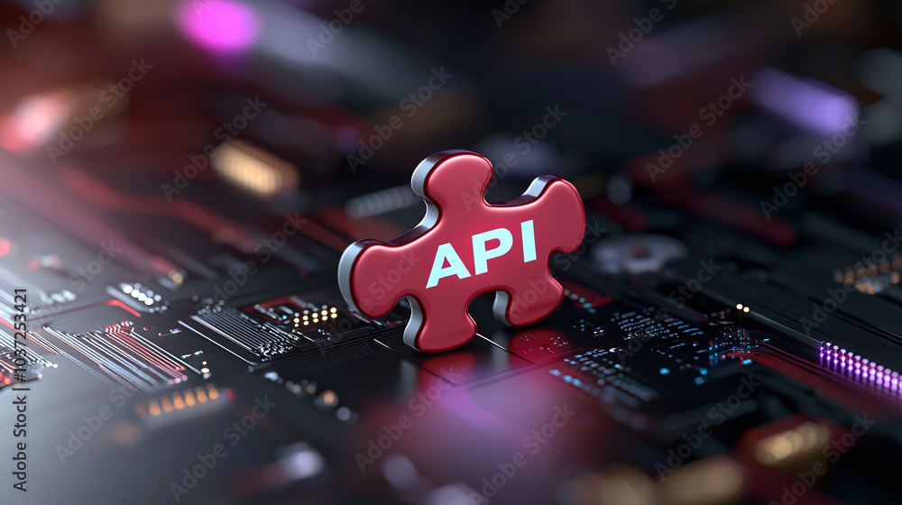 Poster abstract technology themed image showcasing red puzzle piece with text api on dark circuit board bac
