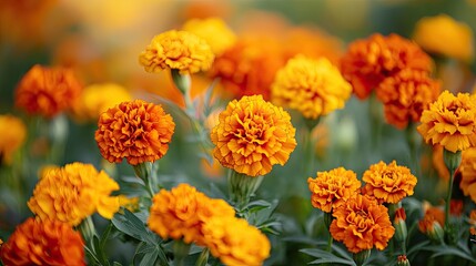A bed of marigolds in vibrant orange and yellow tones, showcasing the warmth and vibrancy of summer