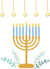 hanukkah menorah with candles, happy hannykah background, plant olive, star david, menorah religion tradition