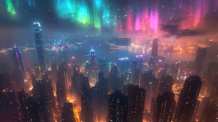 Obraz premium Aurora Borealis shining above the skyscrapers of Hong Kong, blending city lights with the vibrant hues of nature