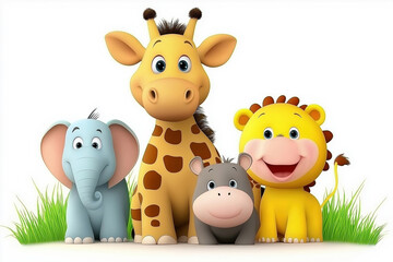 Obraz premium Colorful cartoon animals stand together in playful pose on a bright background