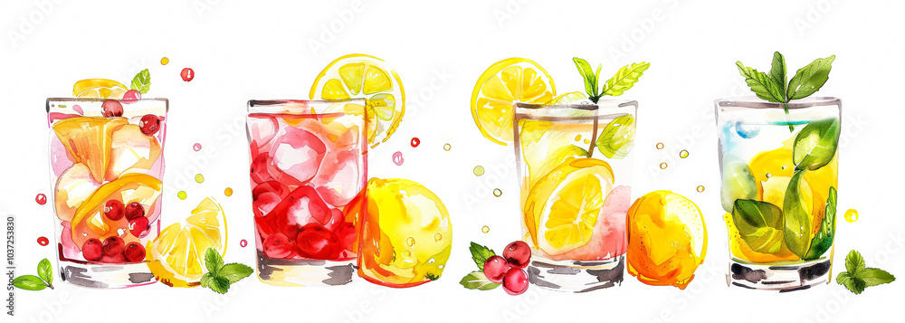 Poster series of colorful drinks with a lemon slice in the middle. the drinks are in different glasses and 