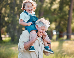 Carry, laughing or shoulders with boy and grandfather outdoor in nature together for bonding....
