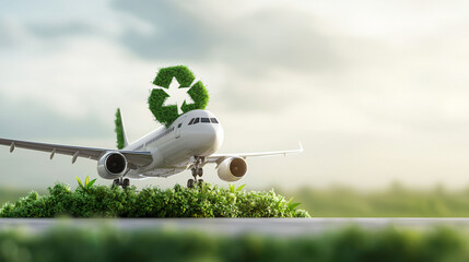 eco friendly airplane surrounded by lush greenery symbolizes sustainability and environmental awareness. This innovative design highlights importance of recycling and protecting our planet