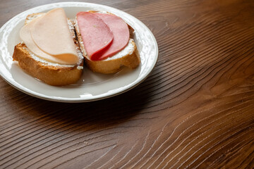 cultural spanish snack meat, cheese and tomato tapas sandwiches