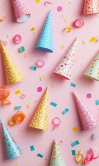Colorful party hats and confetti on pink background.