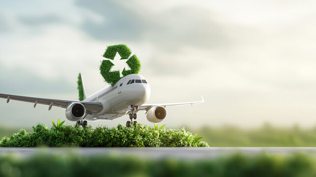 eco friendly airplane surrounded by lush greenery symbolizes sustainability and environmental awareness. This innovative design highlights importance of recycling and protecting our planet