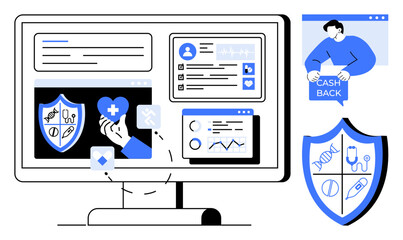 Computer screen displays digital healthcare-related content with a medical application interface, a hand holding a heart symbol, user profiles, data charts, and a shield symbol. Ideal for online