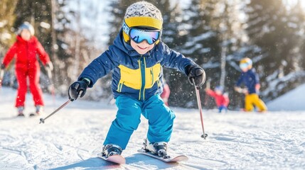 A child happily skiing down a snowy slope during a sunny day in a winter wonderland with other kids nearby