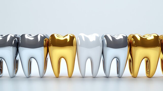 Row of shiny silver and gold teeth with a white tooth in the middle on white background.