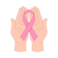 Breast Cancer Awareness Month concept. Two hands holding pink ribbon. Palms and support symbol. Pink October. Vector flat illustration isolated on white background