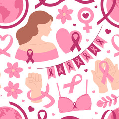 Breast Cancer Awareness Seamless Pattern. Pink October Month. Background with pink ribbons, woman, bra, hands, hearts, flags, earth and flowers. Vector flat illustration