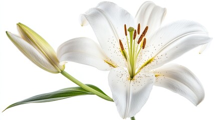 Fototapeta premium A delicate white lily, captured in full bloom on a white background, symbolizing purity and grace.