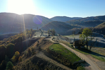 Aerial view of autumn countryside homestead and farmland