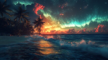 Northern Lights over the tropical beaches of the Maldives, colorful waves dancing above turquoise waters and palm trees