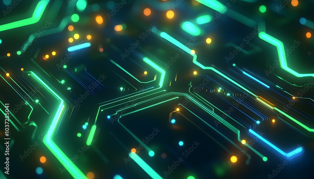 Poster a vibrant, abstract representation of a circuit board with glowing lines and dots, showcasing a futu