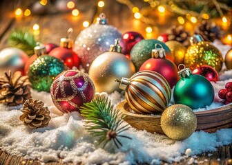 Handmade Christmas Decorations on Fake Snow - Festive Holiday Decor Photography