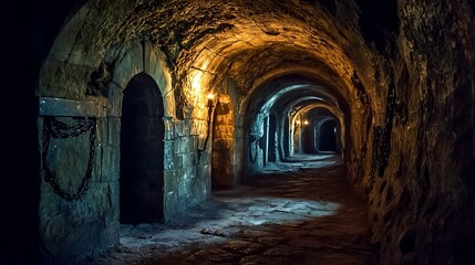 Fototapeta premium A long, dark, and eerie stone tunnel with arched doorways and flickering torches.