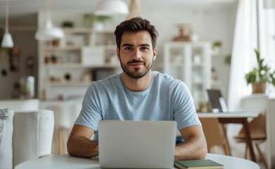 Young man working on a laptop at a modern home office during daylight hours