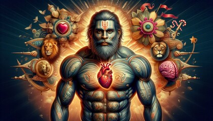 Fototapeta premium Hanuman The Mighty Warrior Deity Hindu God Hanuman with Army Fighting on a Battlefield