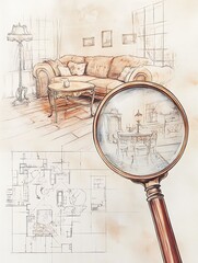 Living room illustration with apartment plan for a detective book