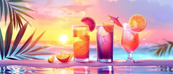 Three colorful cocktails on beach at sunset.