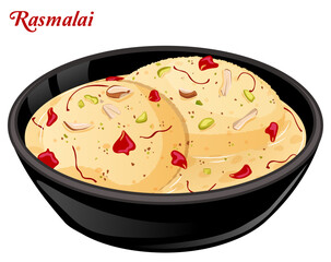 Ras Malai Bowl Garnished with Rose Petals, Almonds, Saffron & Pistachio - Authentic Indian Dessert Side View Vector Art